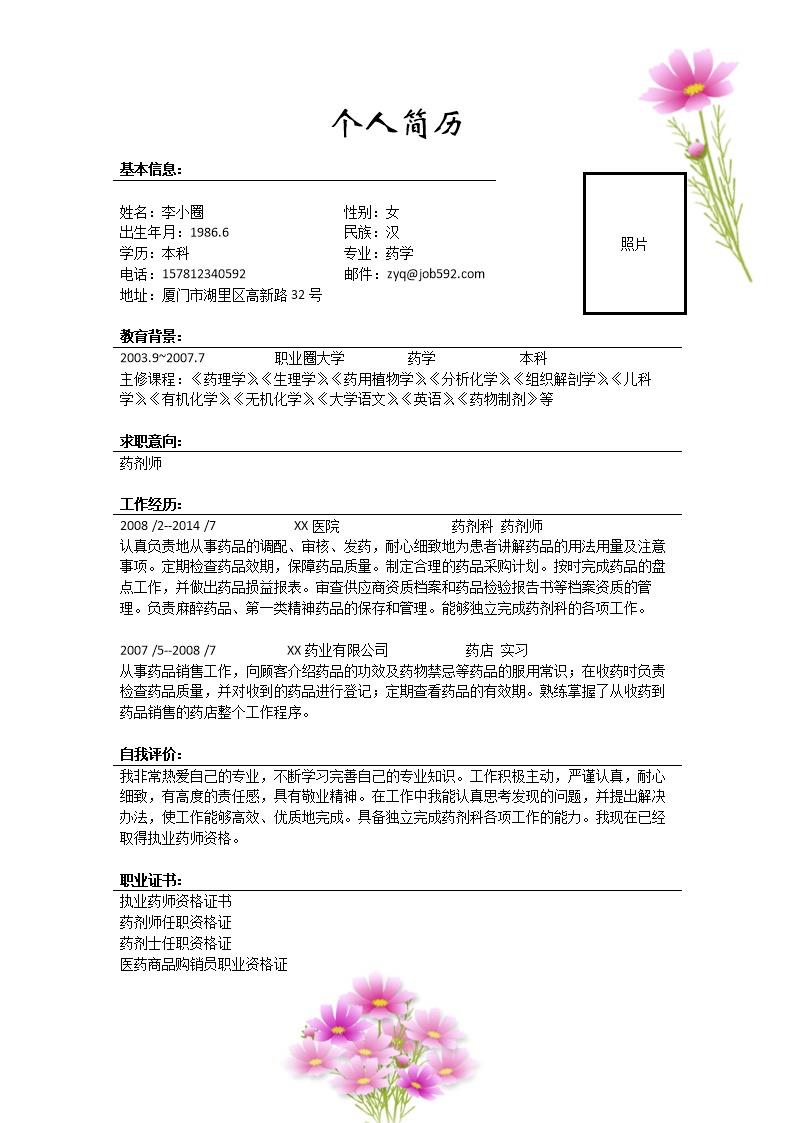 9405_药剂师应聘简历模板  - 制药工程简历模板